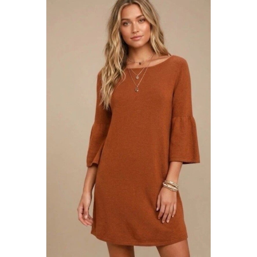 Anthropologie Moth Orange Knit Mini Dress Size S Bell Sleeve Sweater Dress